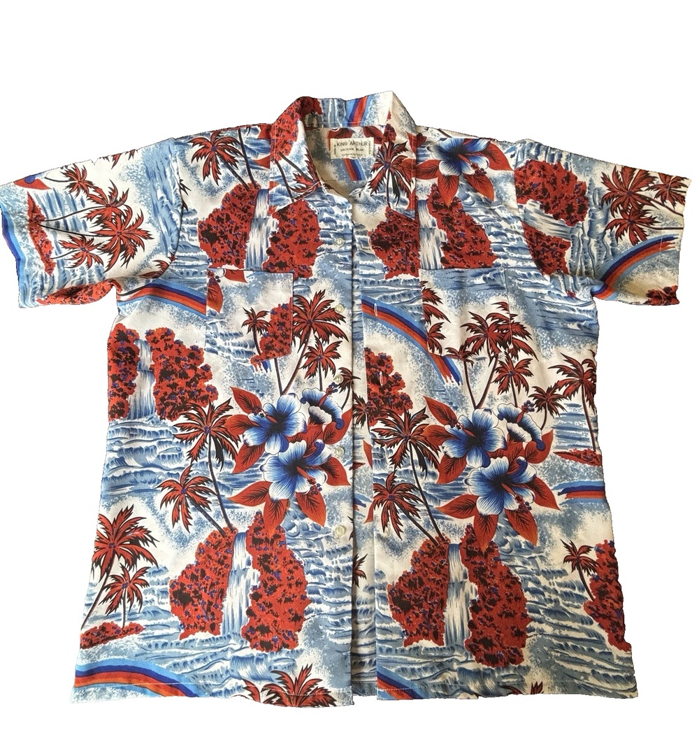Vintage KING ARTHUR VACATION WEAR Hawaiian Shirt - Rainbows & Waterfalls Size L